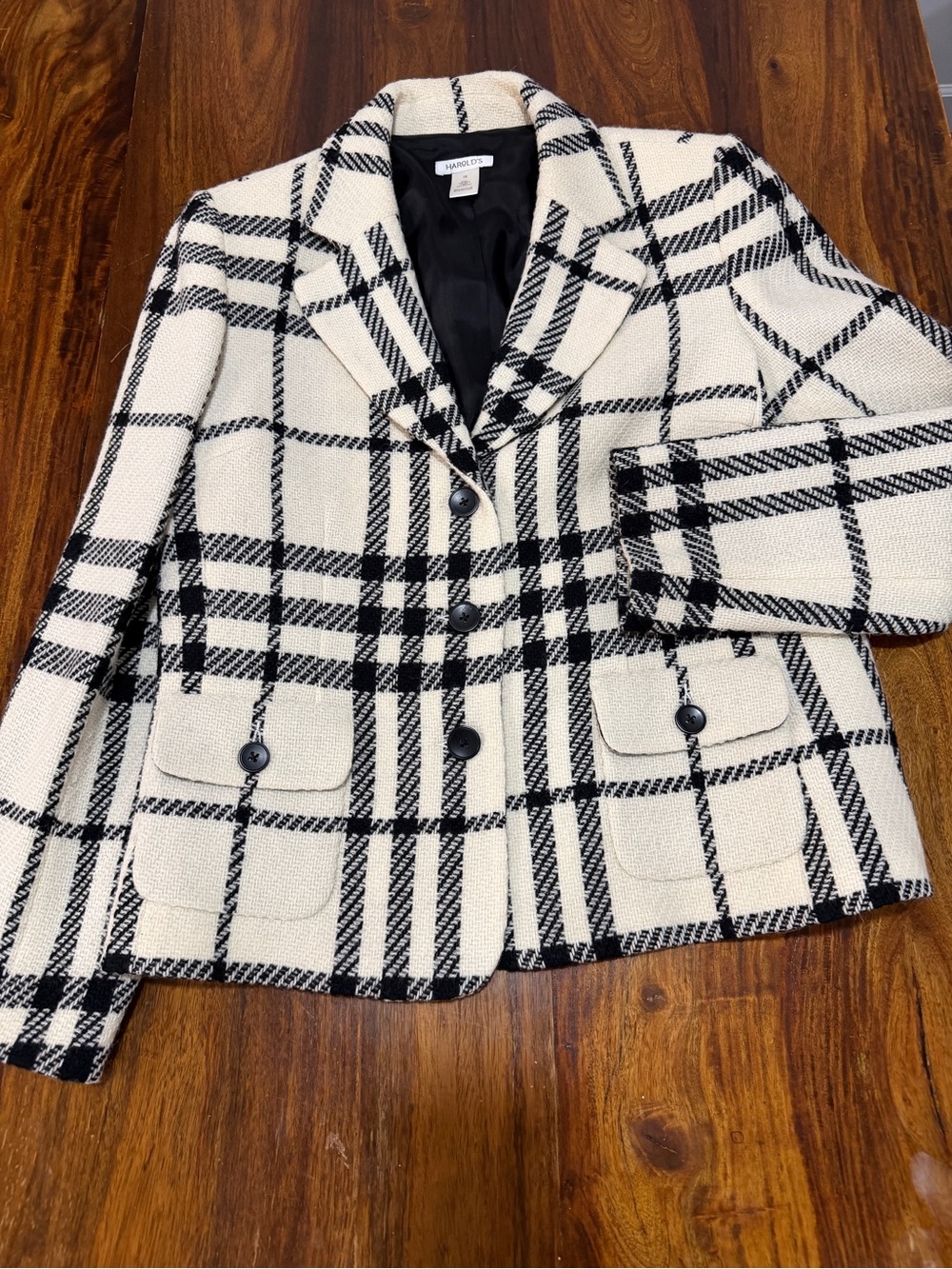 Harold's 100% Wool Blazer Women's 16 Ivory Black Plaid Patch Pockets